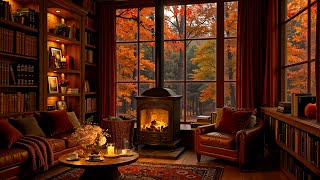 Smooth Jazz Music and Fireplace Sounds for Relaxation in Cozy Reading Nook Ambience 🍁