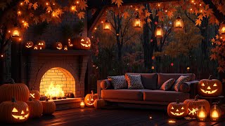 Autumn Porch Halloween Vibes | Crackling Fire & Gentle Rain Sounds for Relaxation 🎃